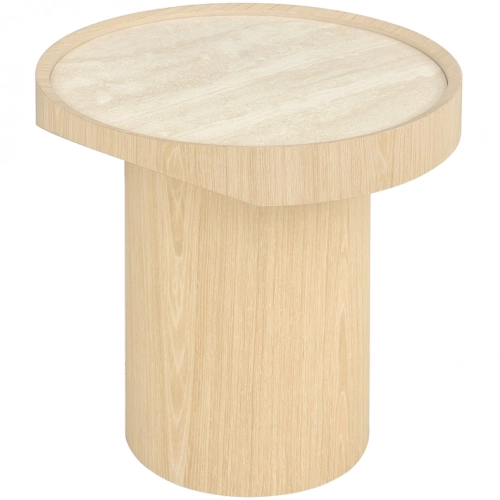 Calix End Table in Travertine Look Ceramic, Wood Veneer & Gold